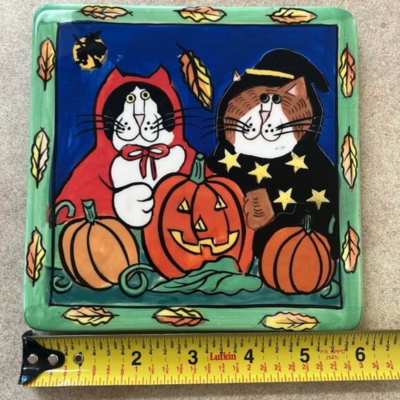 Catzilla Halloween Cats Ceramic Square Trivet Tile Candace Reiter - Picture 6 of 7
